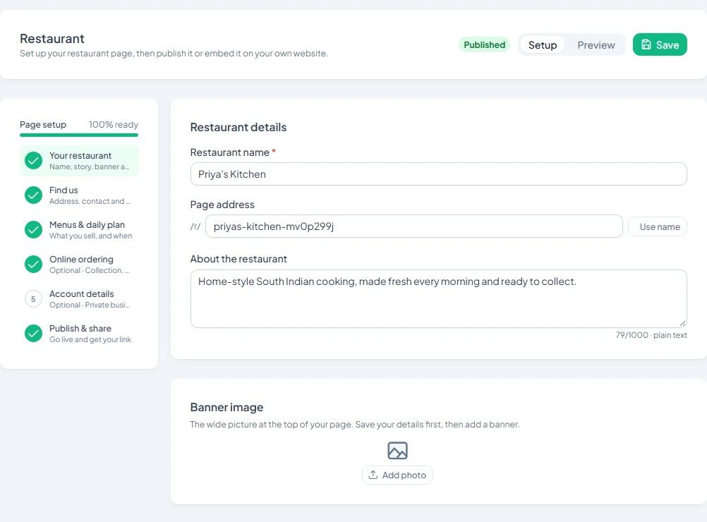 The Restaurant setup page with the restaurant name, page address and description