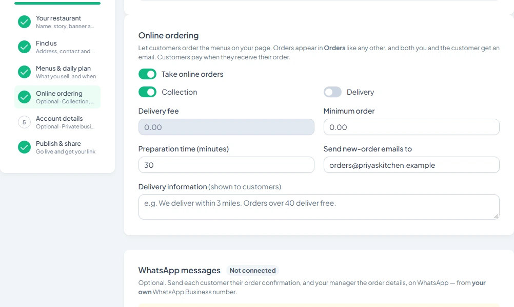 The online ordering settings with collection, delivery, minimum order and preparation time
