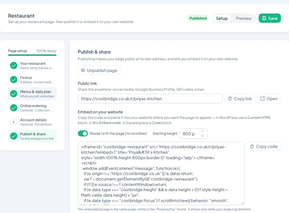 The Publish and share step with the public link and the embed code