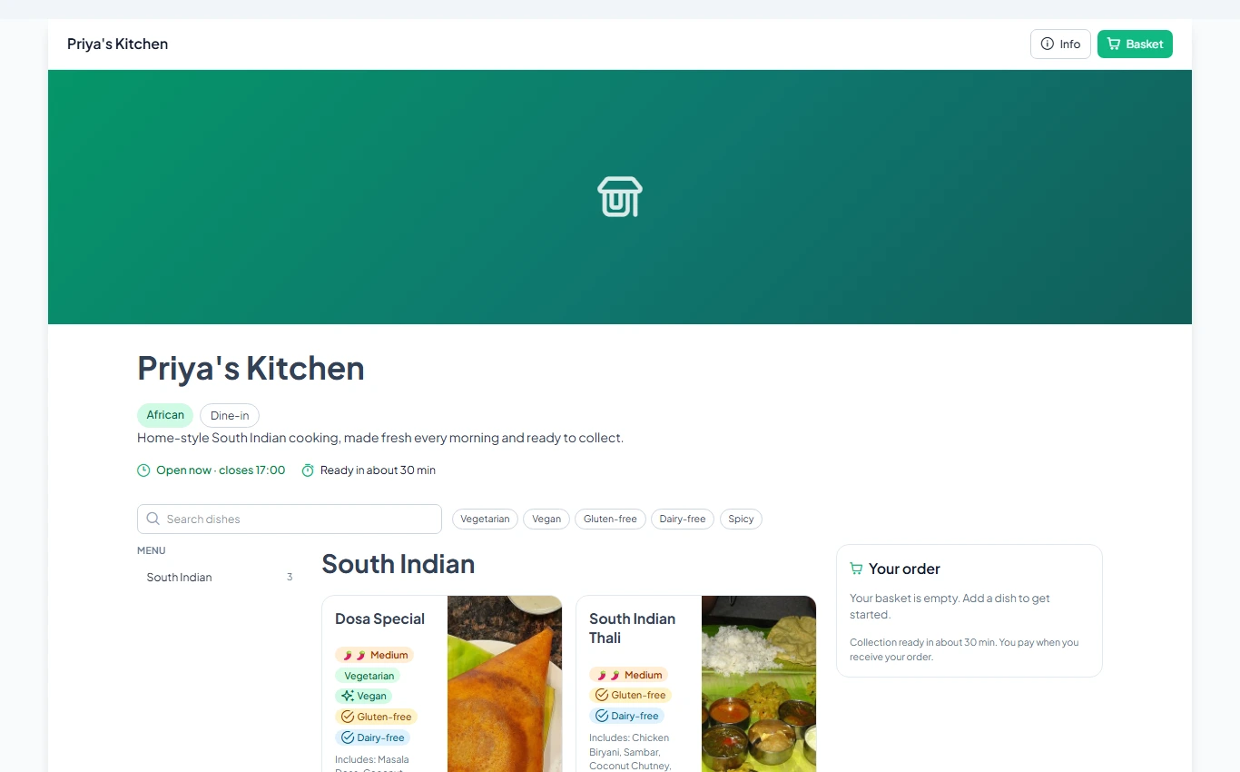 A customer's view of a restaurant page with menu cards and a basket
