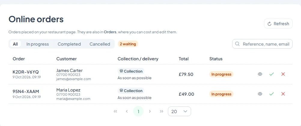The Online Orders list with two orders waiting