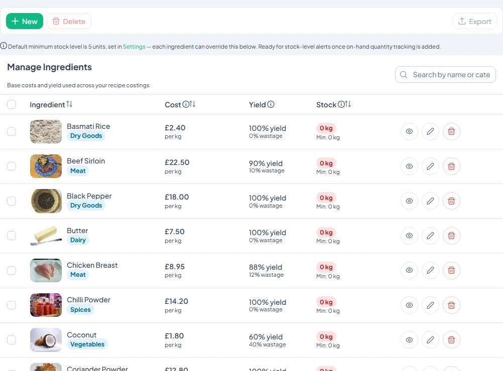 The Ingredients page with each ingredient's cost, yield and wastage