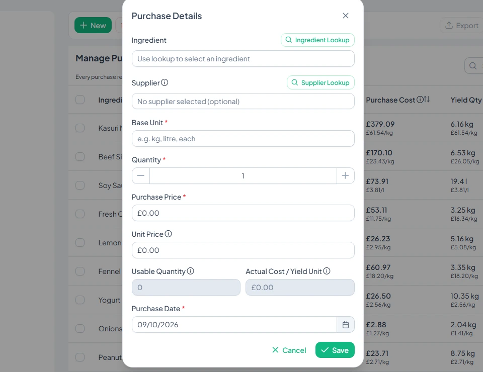The Purchase Details form with ingredient, supplier, quantity, price and date